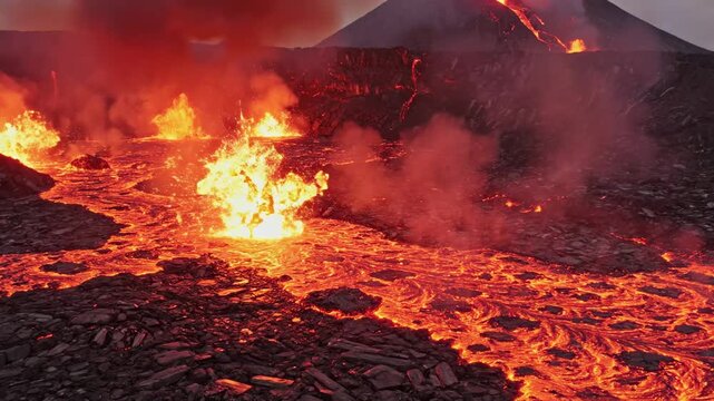 Fiery molten rock cascades down a volcanic slope, illuminating the dark earth with intense heat and primal energy, showcasing nature's raw power and destructive beauty during an explosive