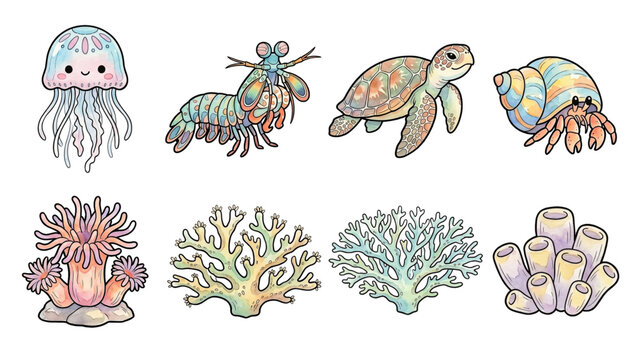 A Collection set of Under the Sea Animal and Coral design featuring cartoon sea animals including a cute whale, octopus, turtle, Jelly Fish, Brain Coral, ocean life vector design for Kid	

