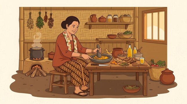 Authentic cultural vector illustration of Indonesian traditional herbal jamu drink preparation in a village kitchen