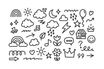 Fototapeta premium Hand Drawn Doodle Elements Set with Weather Nature and Abstract Symbols