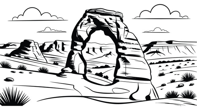 Delicate Arch line art illustration, minimalist vector drawing inspired by Arches National Park rock formation for travel, desert landscape, adventure, and nature design concepts