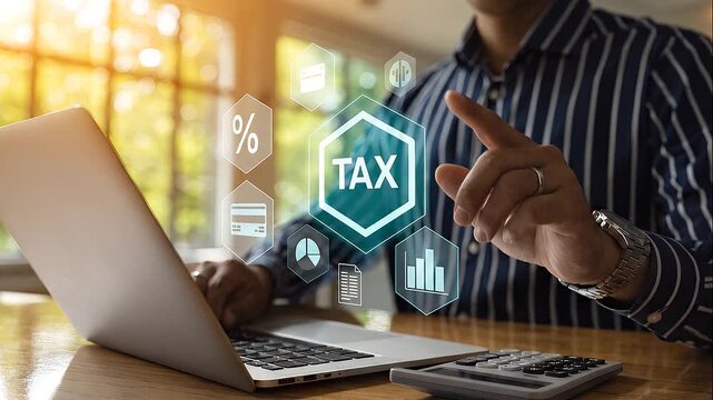 Businessman Touching Holographic Tax Icon Above Laptop With Calculator on Wooden Desk Inside Warm Sunlit Office for Financial Planning