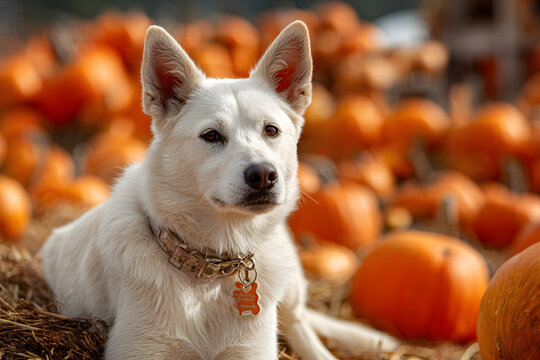A white dog is grazing in a pumpkin patch during the autumn harvest