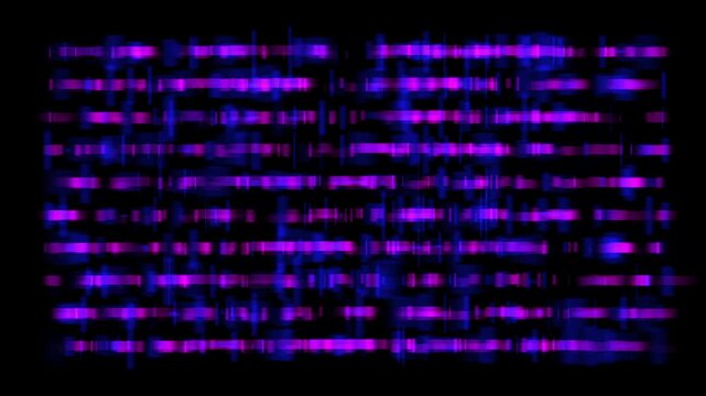 Abstract neon purple and blue horizontal lines sliding transition, digital glitch distortion effect on black background for video motion graphics