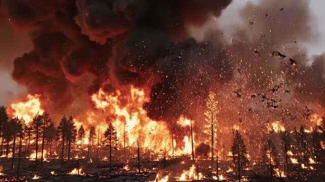 A catastrophic forest fire engulfs a dense woodland with towering flames and thick, dark smoke billowing dramatically into the turbulent sky, creating a scene of immense destruction