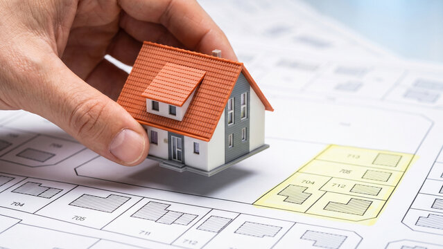 Hand Placing Miniature House Model on Cadastral Map. Real Estate Land Plot and Property Concept.