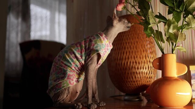 Adorable hairless cat in a colorful outfit sitting on a wooden table, curiously sniffing and biting the leaves and petals of a pink rose bouquet arranged in a bright orange vase