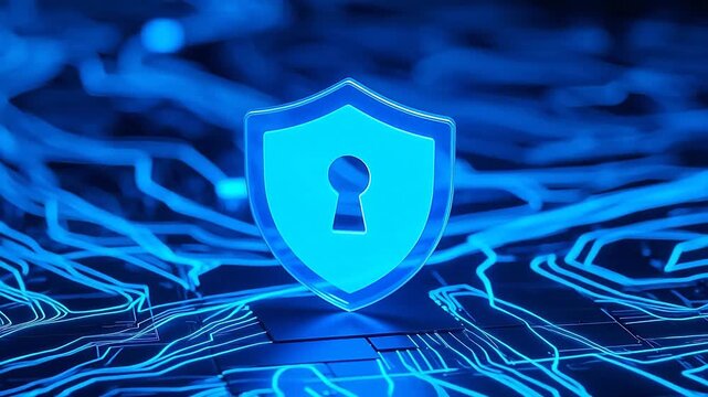 Glowing blue shield icon on circuit board