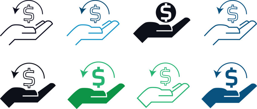 Set of money refund and cash back icons with hand and dollar sign Vector