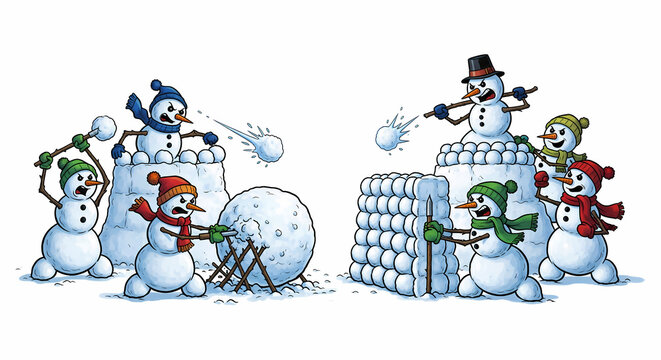 Funny Snowman Snowball Fight Battle Scene for Winter Fun Promotion