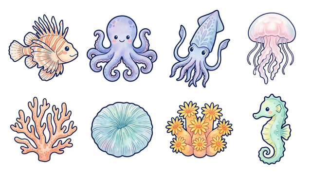 A Collection set of Under the Sea Animal and Coral design featuring cartoon sea animals including a cute whale, octopus, turtle, Jelly Fish, Brain Coral, ocean life vector design for Kid	
