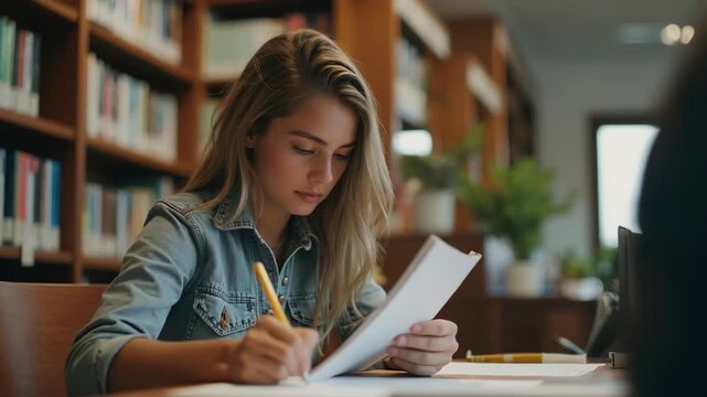 Young woman concentrating on reading and writing notes in a library, surrounded by bookshelves. Academic workspace concept. Education and preparation for exams in a quiet environment.