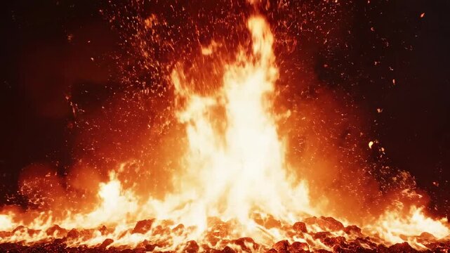 Captivating inferno erupts with intensely vibrant orange and yellow flames reaching upwards against a dark, smoky abyss creating a dramatic, powerful portrayal of raw energy and fiery