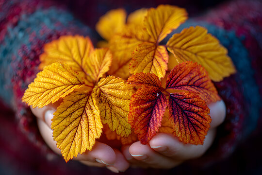 A cropper is holding autumn leaves that are vibrant yellow and red in a soft backlight.