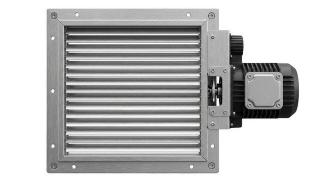 Industrial ventilation grille with motorized damper on metal frame.
