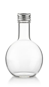 Empty glass bottle with metal cap on white background isolated on white background
