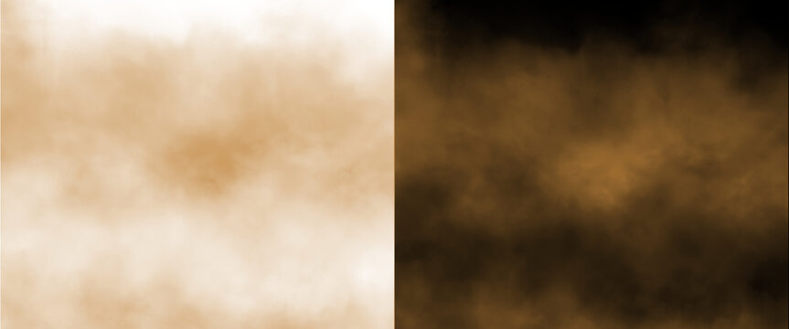 Atmospheric brown smoke and fog texture, ethereal sepia mist on white and black background, cinematic dust and steam overlay for design