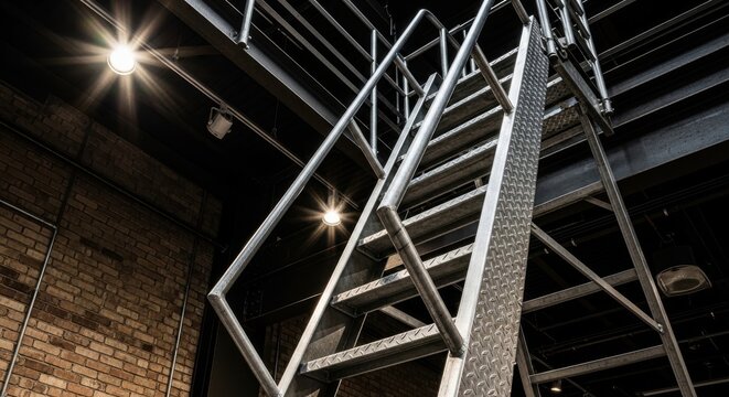 Industrial Style Galvanized Steel Staircase with Handrail and Tread Detail Inside a Loft Space