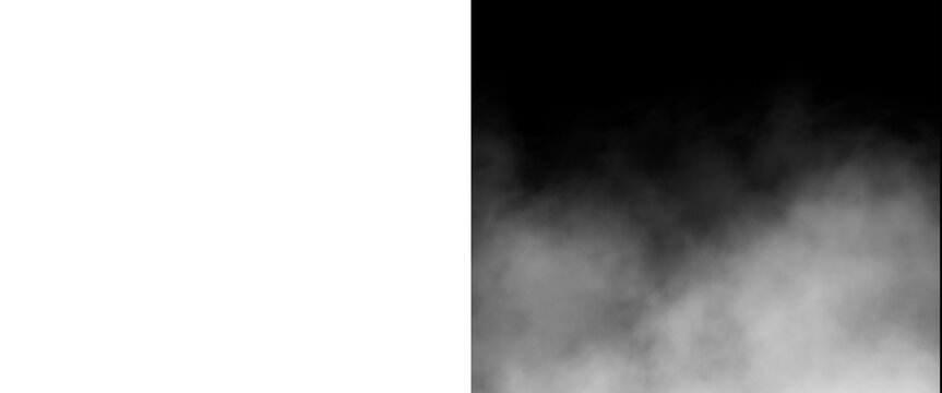 Atmospheric white fog on black background, dense smoke texture overlay, mystical mist and hazy cloud effect for cinematic design