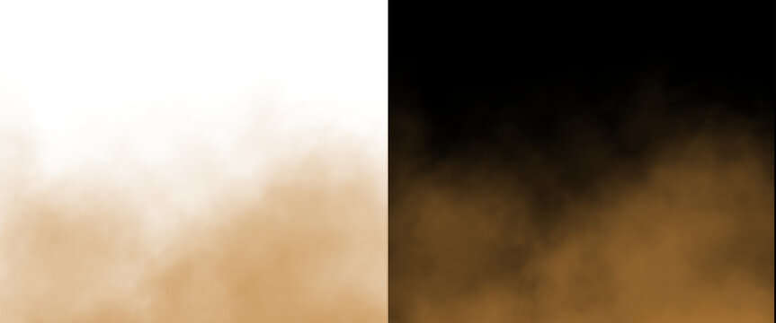 Golden dust cloud texture on white and black backgrounds, ethereal sand storm mist, atmospheric brown smoke effect for creative overlays