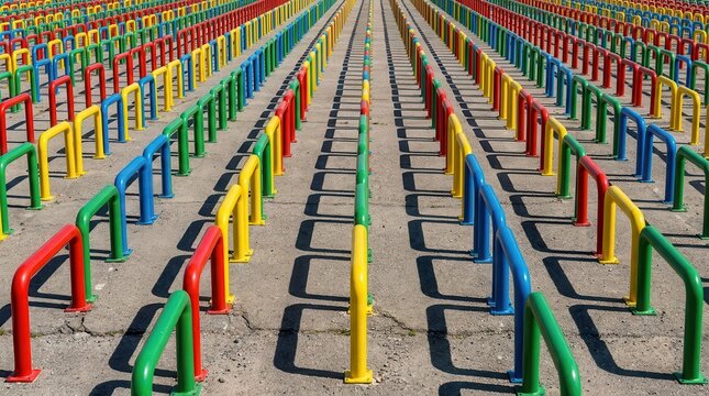 Identical brightly colored parking bollards arranged in repeating rows on a concrete surface casting long shadows