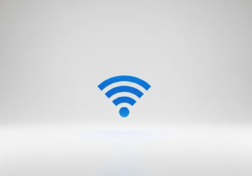 Minimalist blue wifi signal icon floating in the center of a pure, bright white studio backdrop, representing modern networking and internet access, reliable, technology, simple