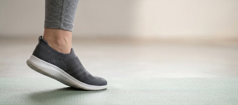 Woman's foot in athletic shoe stepping onto clean exercise mat