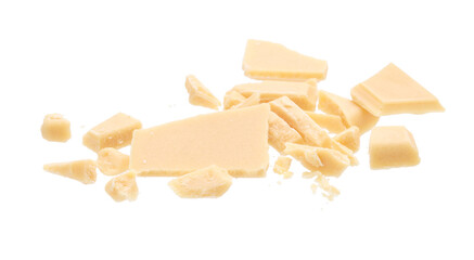 Fototapeta na wymiar Pieces of tasty chocolate isolated on white
