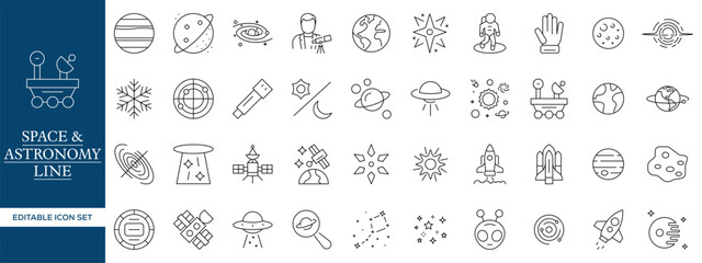 Space and Astronomy Line Icons Set, Galaxy Planet Satellite Outline Vector Collection Editable Stroke ©  ProVector