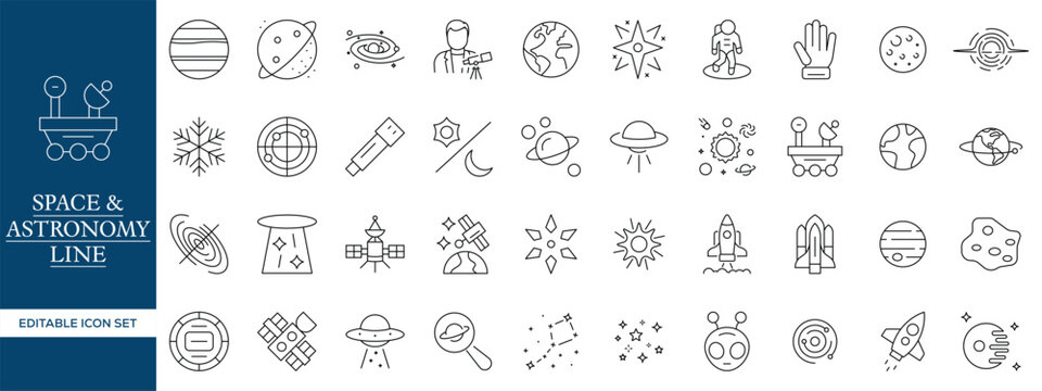 Space and Astronomy Line Icons Set, Galaxy Planet Satellite Outline Vector Collection Editable Stroke