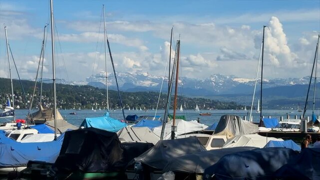 A high definition cinematic view of lake Zurich in the summer time.