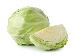 Fototapeta premium Whole and cut fresh cabbages isolated on white