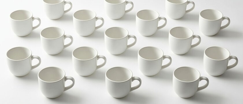 White mugs are arranged in a uniform grid pattern on a bright surface for a professional presentation.