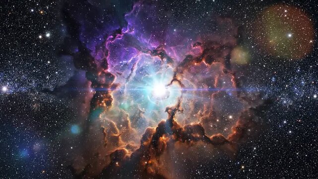 Vibrant celestial nebula ablaze with cosmic brilliance, showcasing swirling gases, luminous stardust, and distant stellar formations creating a breathtaking spectacle of universal wonder