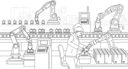 Obraz premium Robotic Arms Working in Modern Factory Assembly Line.