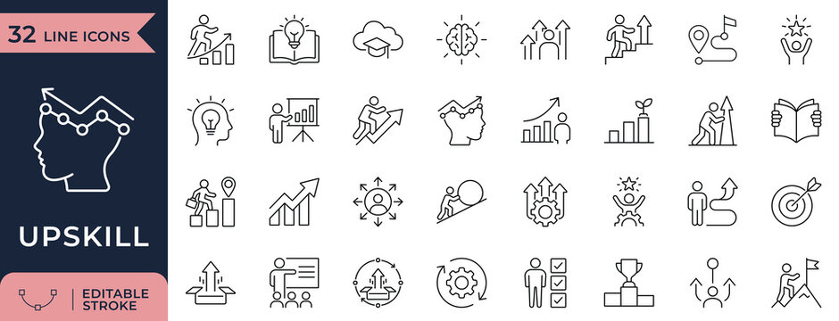 Upskill and Personal Growth Line Icons for Career Development and Professional Training
