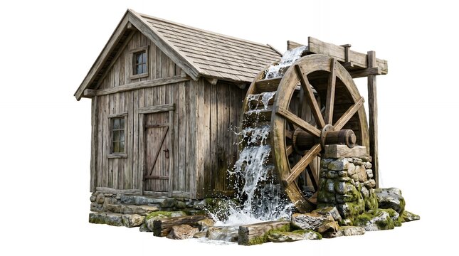 Rustic wooden water mill with a large spinning wheel and cascading water isolated on white background