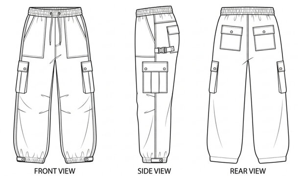 Unisex cargo pants fashion CAD mockup vector with utility pockets and wide leg technical drawing