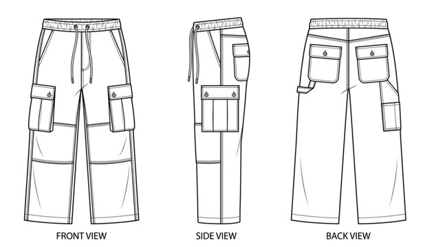 Wide leg cargo pants technical fashion flat vector with front side and back CAD drawing template
