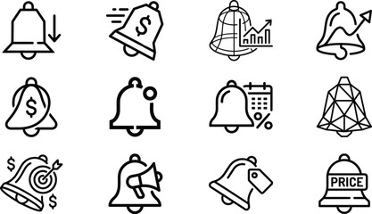 Obraz premium Black and white line icons of bells with business and finance themes