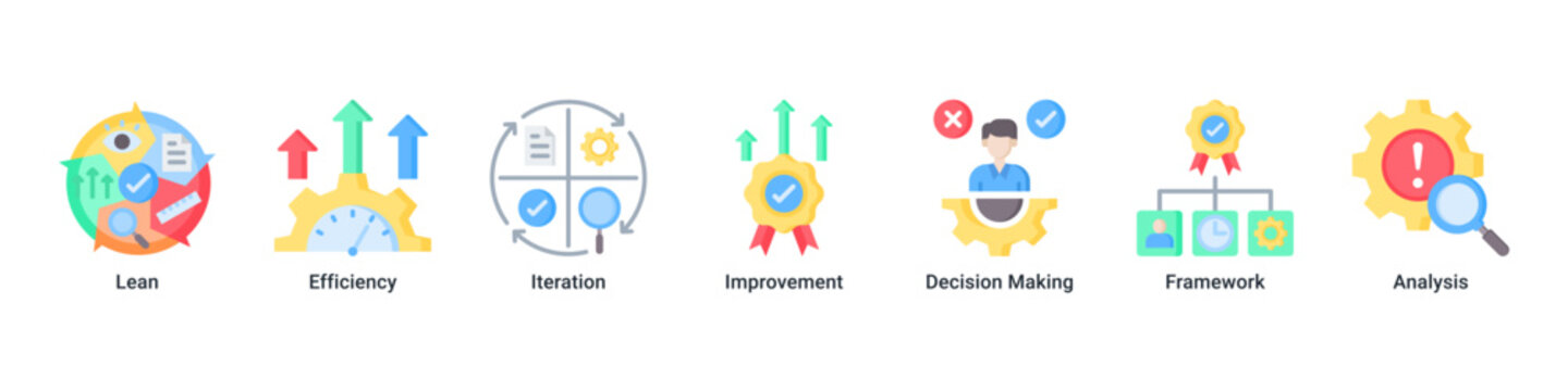 Lean Strategy web banner icon vector illustration with icons of Lean, Efficiency, Iteration, Improvement, Decision Making, Framework and Analysis
