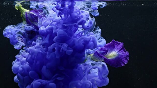 vibrant blue ink cloud blooming around purple butterfly pea flowers underwater, natural and surreal beauty, abstract water, ethereal flow