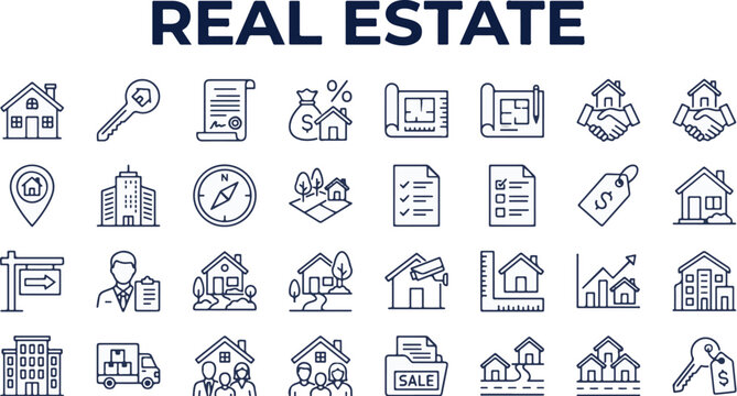 Real estate icon set in thin line style, property mortgage and house hunting vector elements, residential building and apartment rental icons