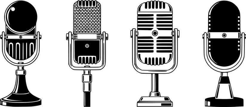 Retro microphones vector icons set, vintage mic collection, audio equipment symbols
