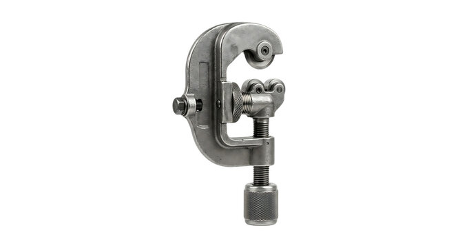 A metal pipe clamp with screw and handle on transparent background