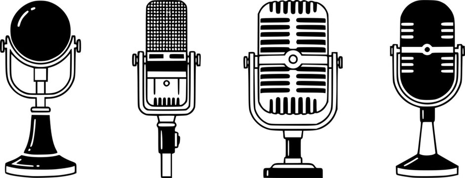 Retro microphones vector icons set, vintage mic collection, audio equipment symbols

