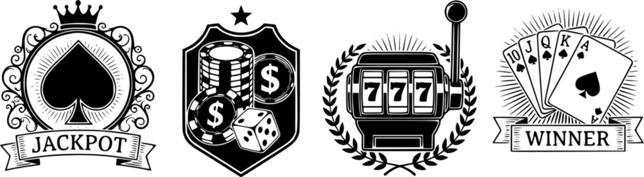 Casino slot machine flat vector icons set: jackpot, dice, and lucky 777 symbols
