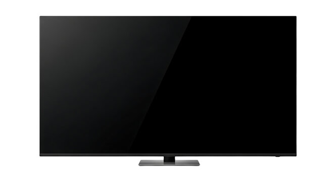 Black television screen on a silver stand isolated on transparent background