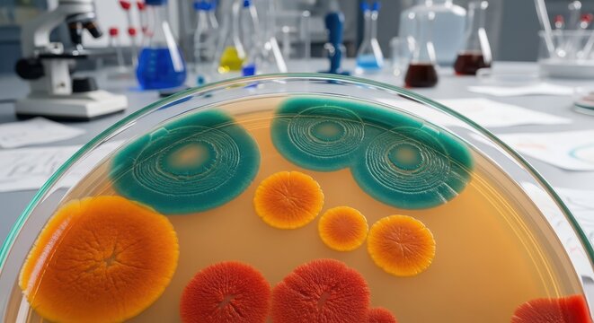 Petri dish with colorful bacterial cultures in a science laboratory with microscope and ch