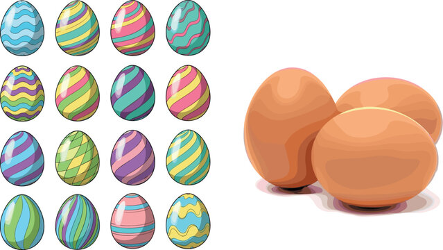 Easter Eggs and Regular Eggs Set Featuring Colorful Painted Eggs and Natural Brown Eggs for Fun Food Illustrations